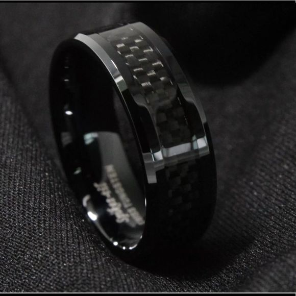 Men’s Tungsten Carbide Black Carbon Fiber Ring - Picture 1 of 6